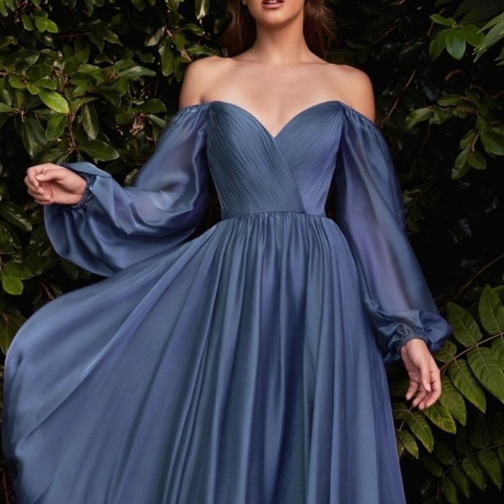NEW SMOKEY BLUE WEDDING EVENING LONG SLEEVE CHIFFON A-LINE LONG DRESS CD243